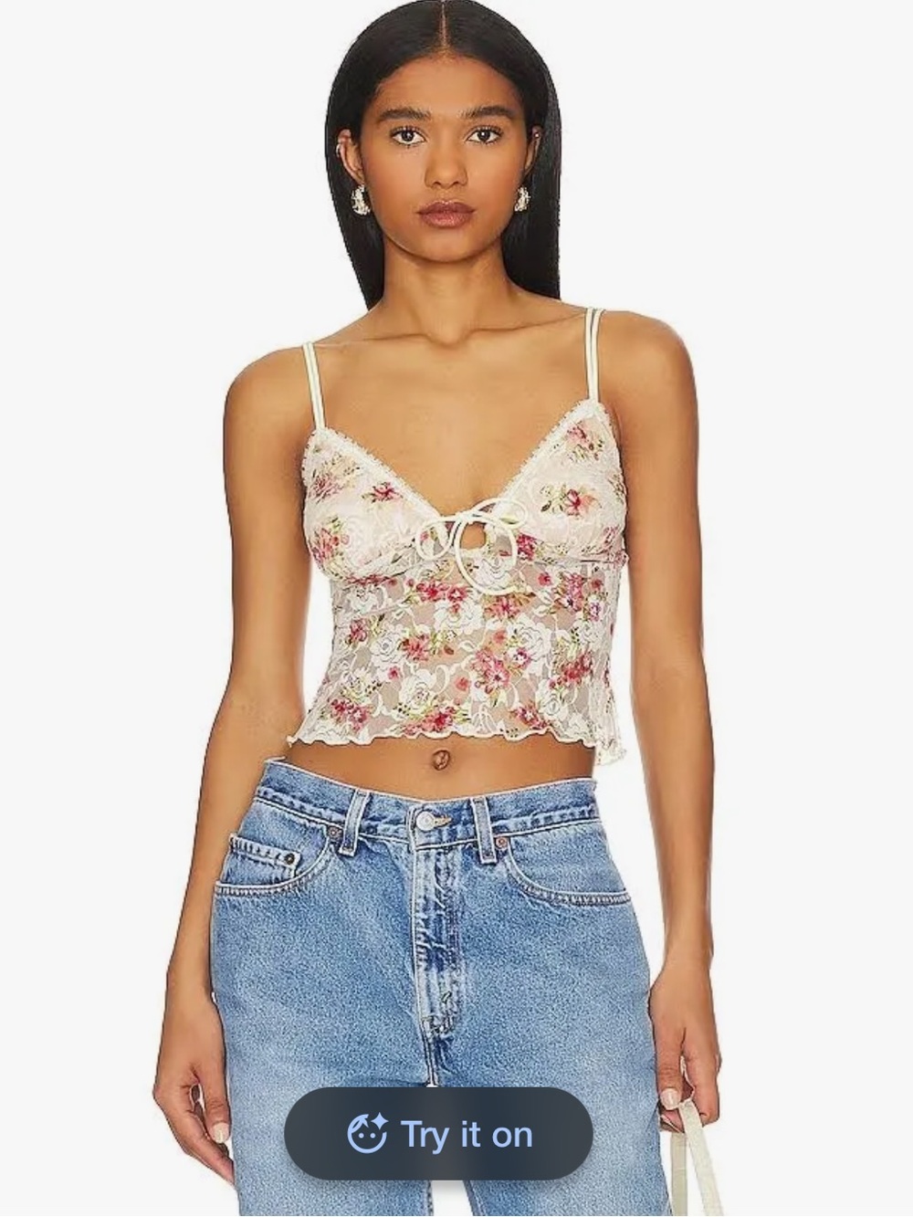 Euro Summer Floral Lace Tie-Front Camisole - Cream